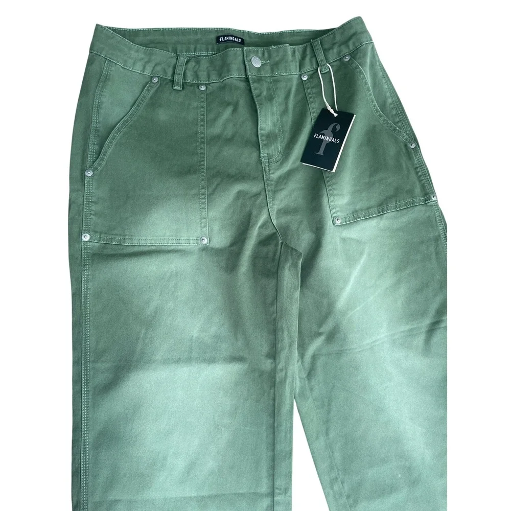 Flamingals Womens XL Sage Green Wide Leg Utility Carpenter Capri pants NEW